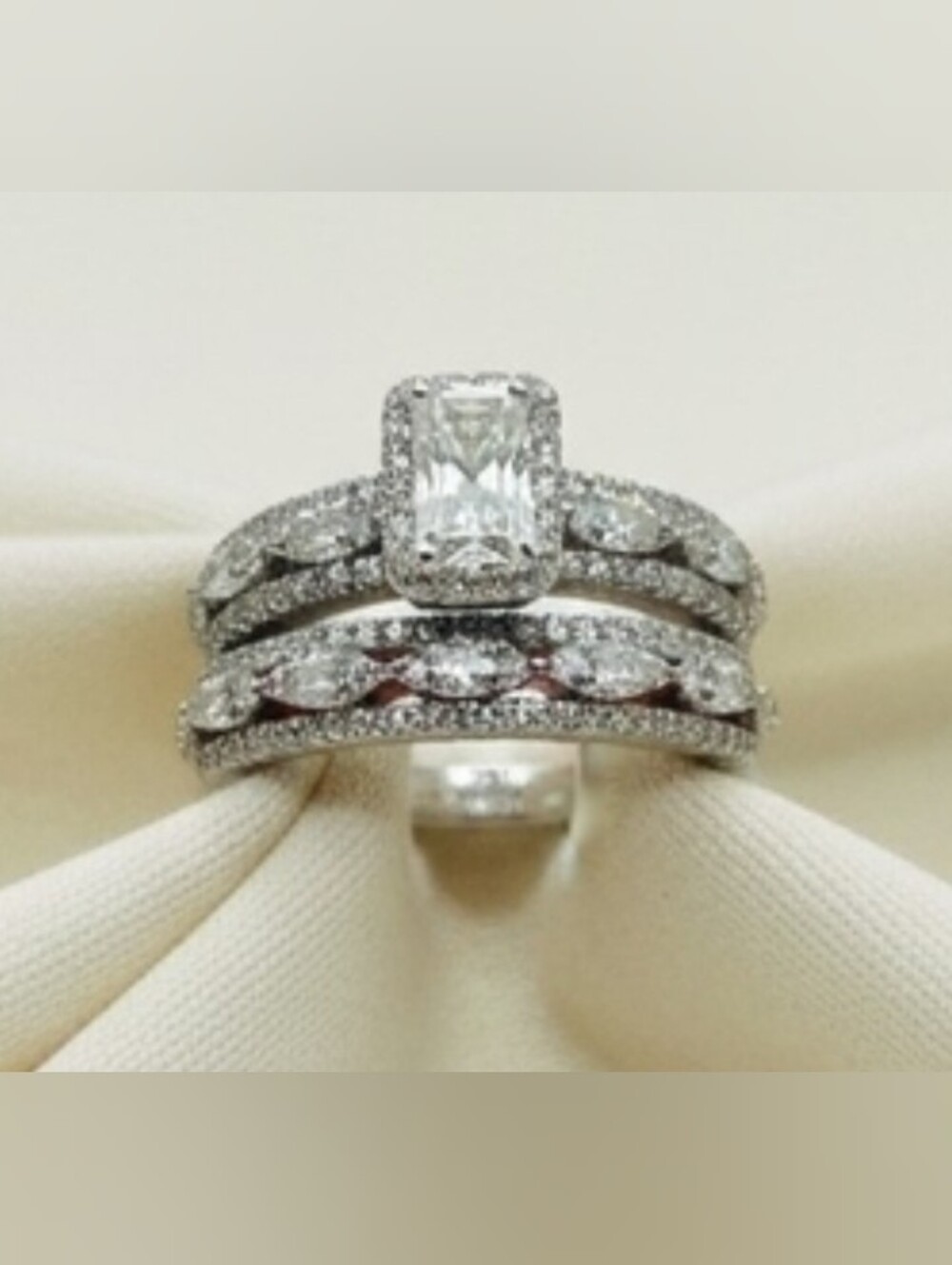 New 925 SS Emerald-Cut Moissanite Diamond Halo Ring Set
